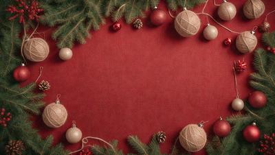 The primary subject of the image is a red background with a circle of Christmas ornaments, including pinecones and balls, arranged around it. The setting is a red cloth, and the visual style is a close-up of the ornaments. The colors and mood of the image are festive and joyful, as the ornaments are associated with the holiday season.